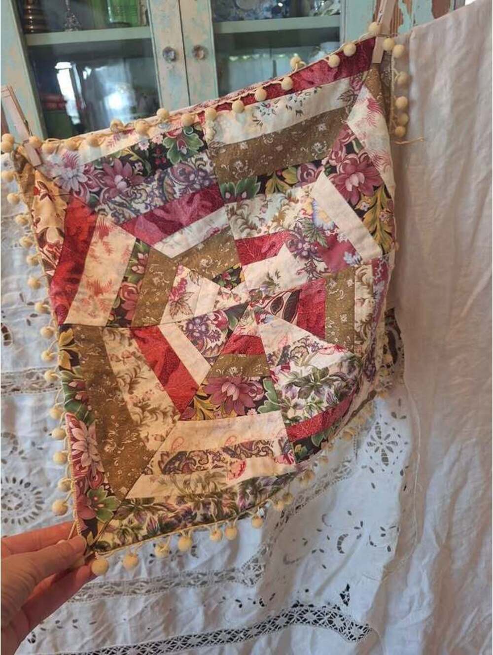 Quilt pillow sham, hand made, French toile, cotton, 17" x 17". Cottage.